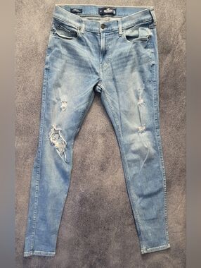 Hollister Super Skinny Epic Flex Men 33 x 32 Skinny Denim Blue Jeans Distressed